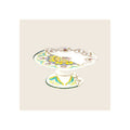 Cake stand, white porcelain with multicolour teal yellow pink gold floral pattern, scalloped rim, pedestal base