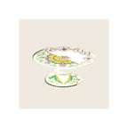 Cake stand, white porcelain with multicolour teal yellow pink gold floral pattern, scalloped rim, pedestal base