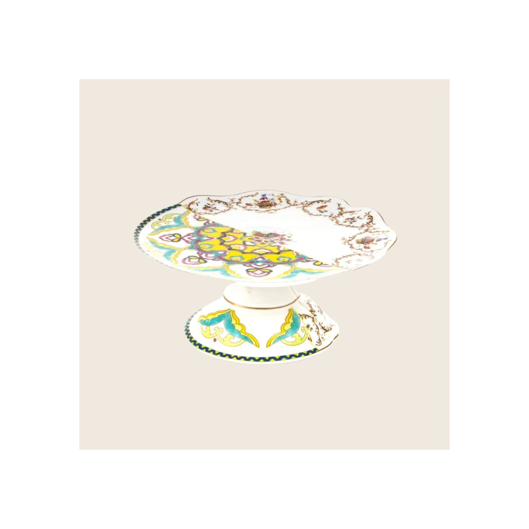 Cake stand, white porcelain with multicolour teal yellow pink gold floral pattern, scalloped rim, pedestal base