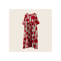 Midi dress in red and beige stripe and large polka-dot print, short sleeves, gathered waist, flat lay