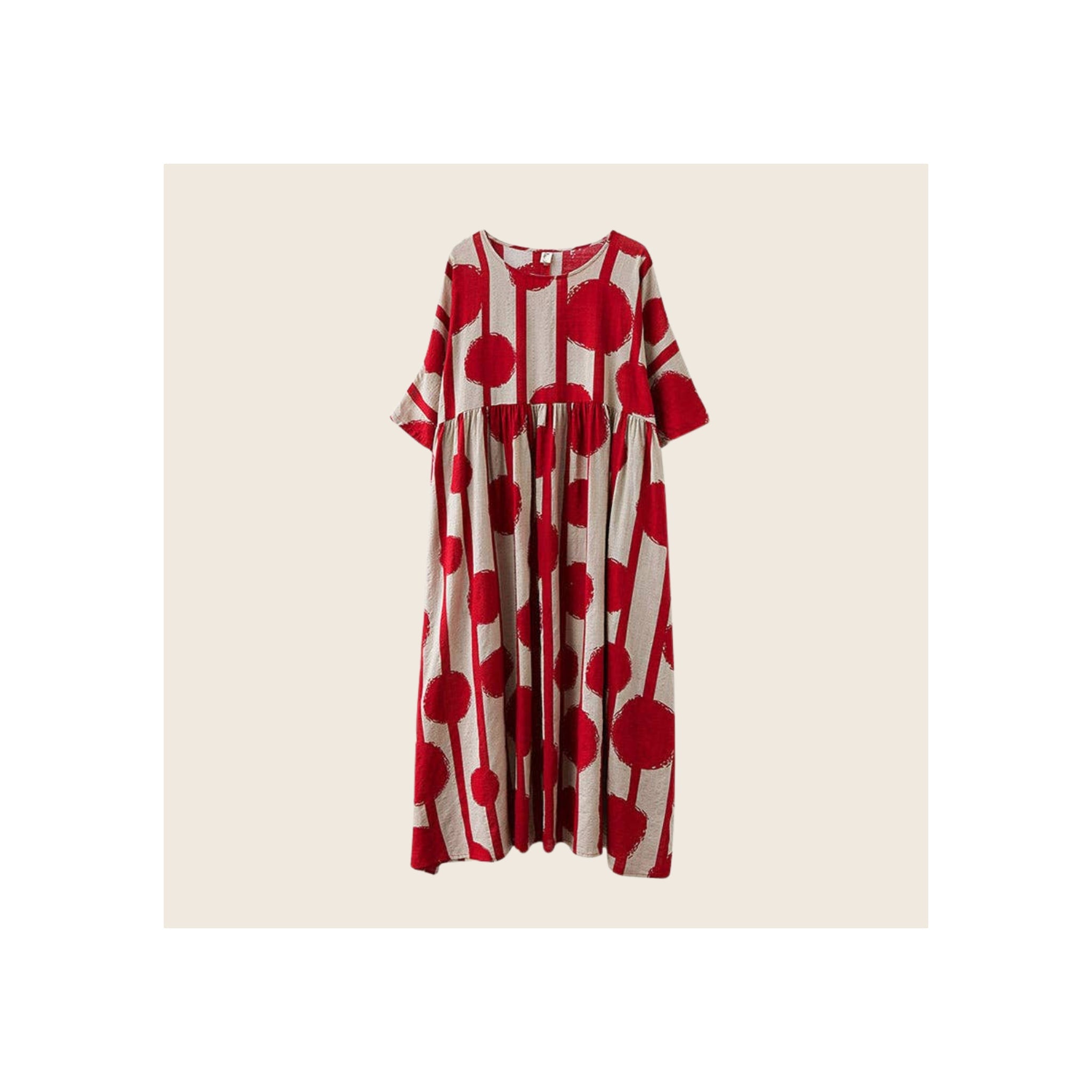Midi dress in red and beige stripe and large polka-dot print, short sleeves, gathered waist, flat lay