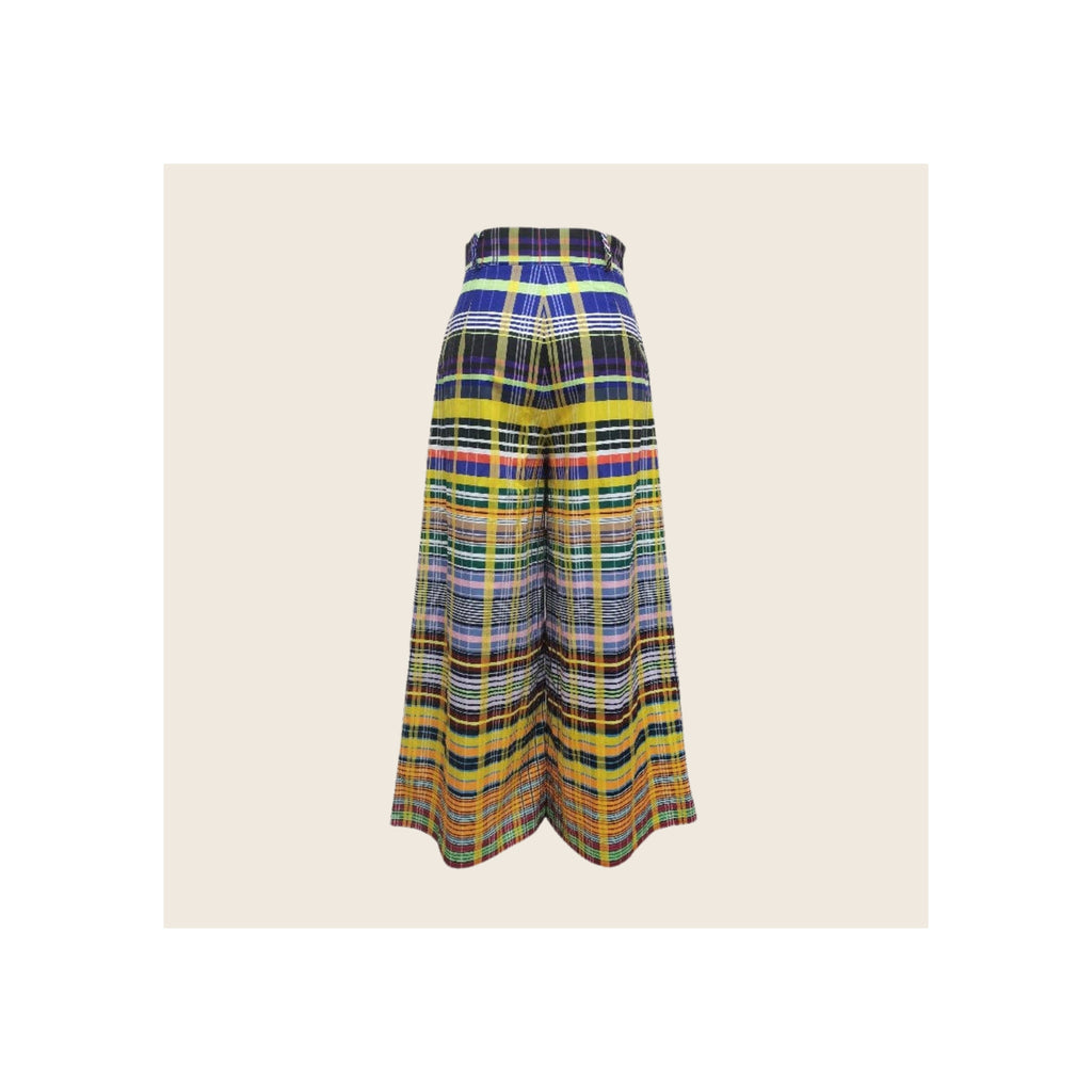 Wide-leg trousers in multicolor plaid check print, rear view, flat lay