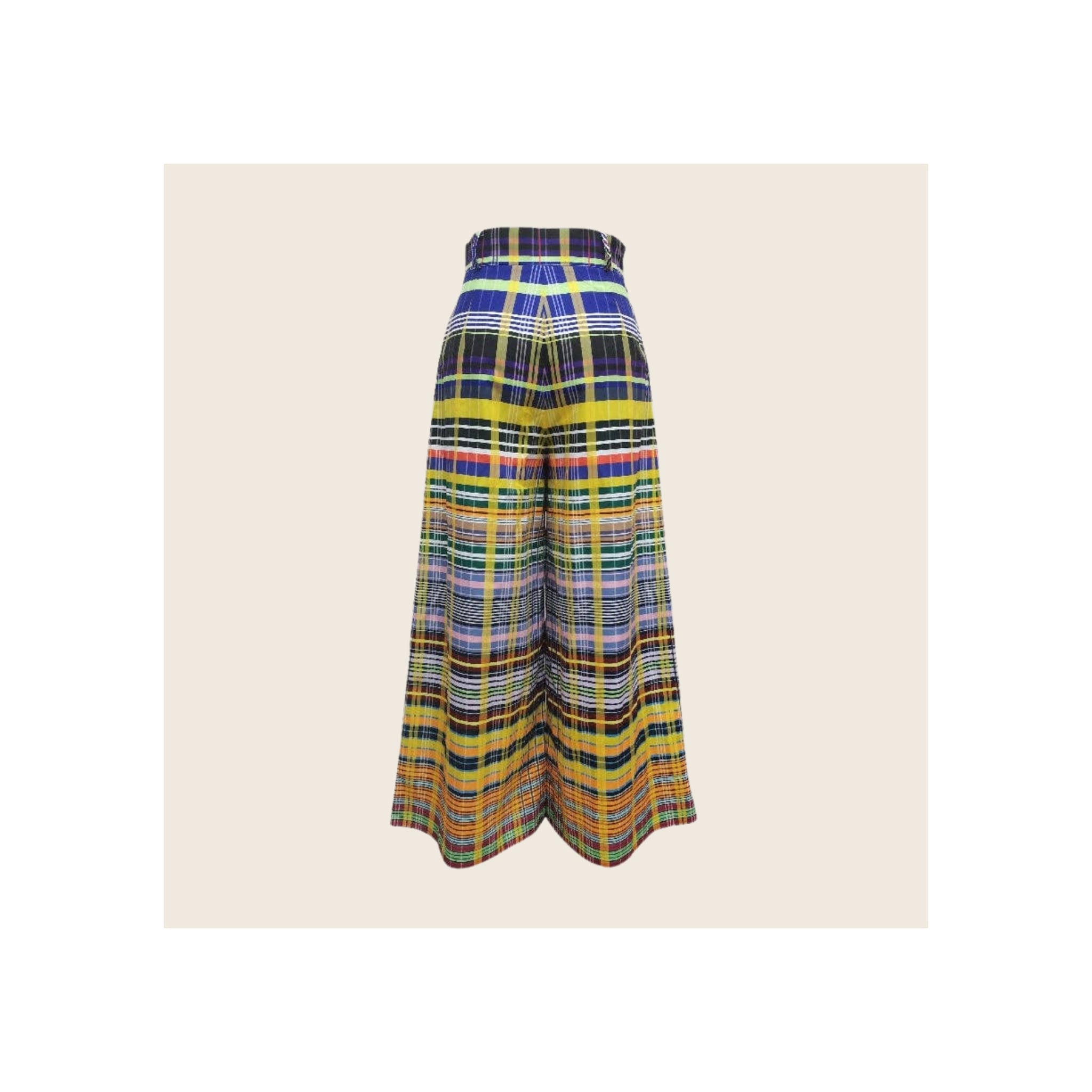 Wide-leg trousers in multicolor plaid check print, rear view, flat lay