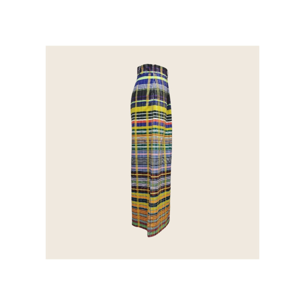 Wide-leg trousers in multicolour plaid check print, side profile view