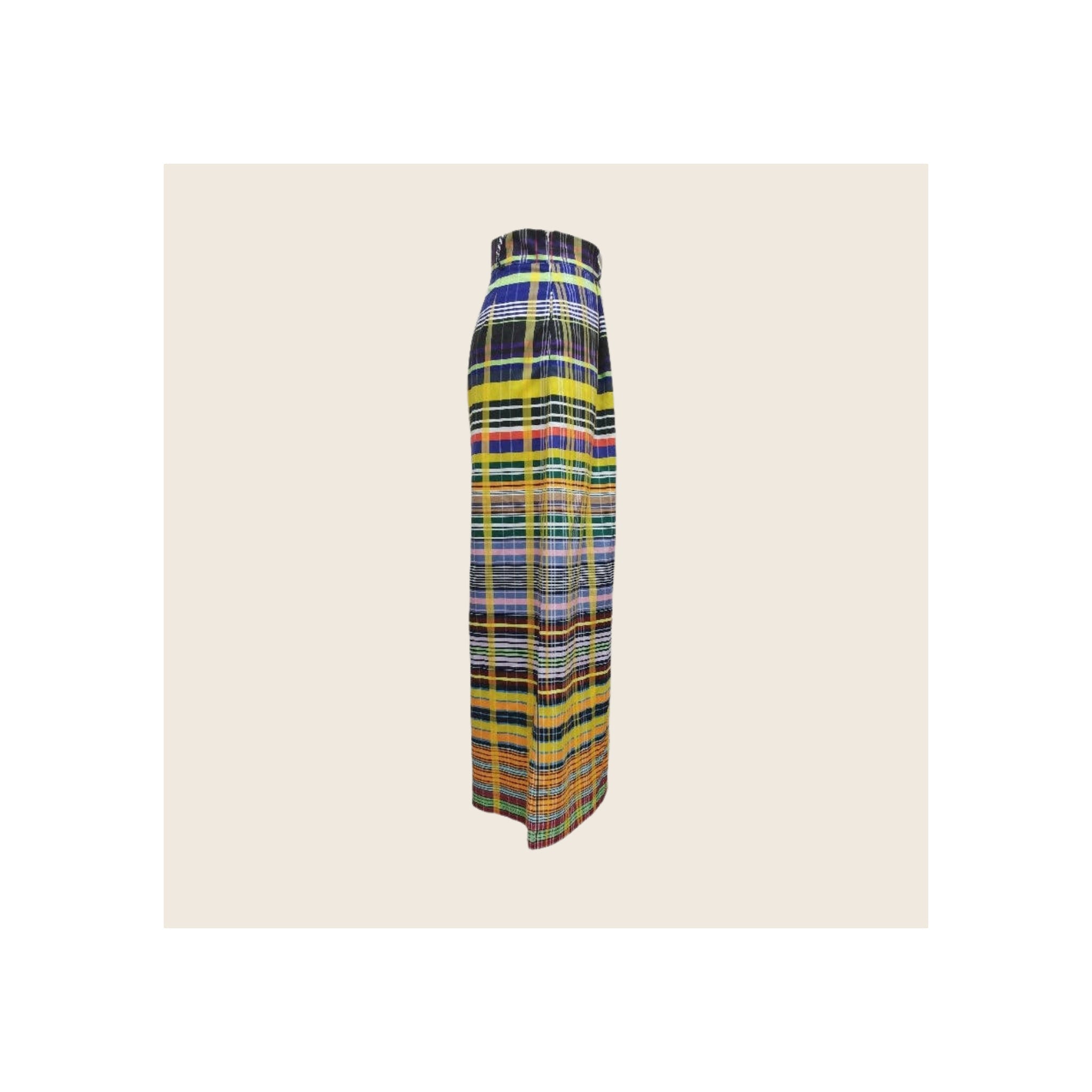 Wide-leg trousers in multicolour plaid check print, side profile view