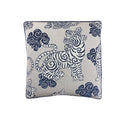 Cushion with navy blue Tibetan tiger and cloud motif on off-white linen, navy piped border, square format