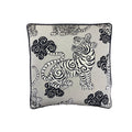 Cushion with black-and-white Tibetan tiger and cloud print on natural linen, black piped border, square format