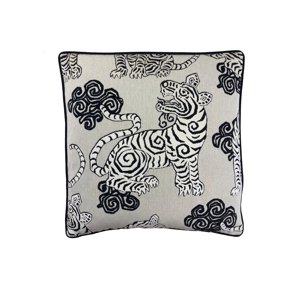 Cushion with black-and-white Tibetan tiger and cloud print on natural linen, black piped border, square format