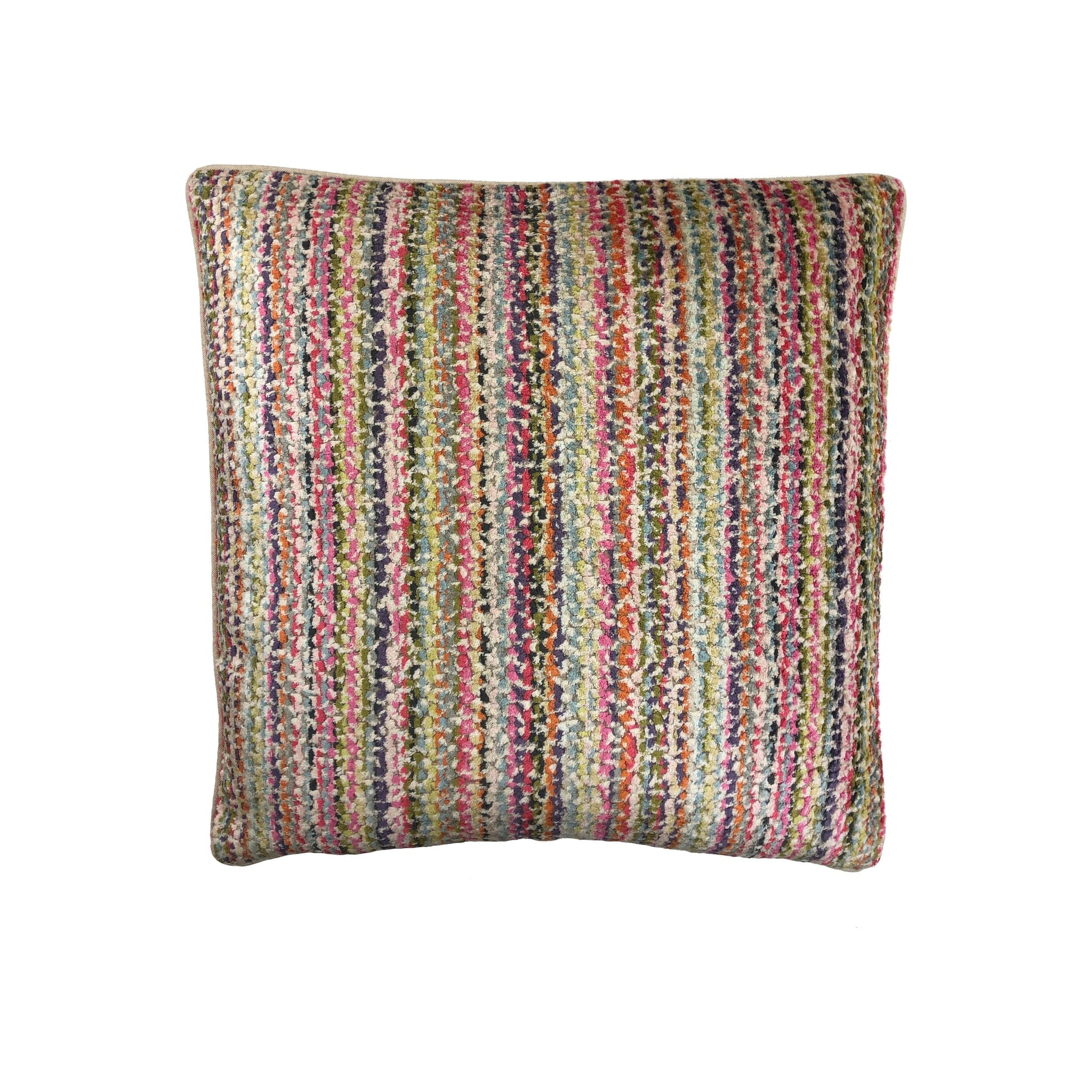 Cushion with multicolour vertical stripe boucle texture, piped edges, front-facing upright orientation
