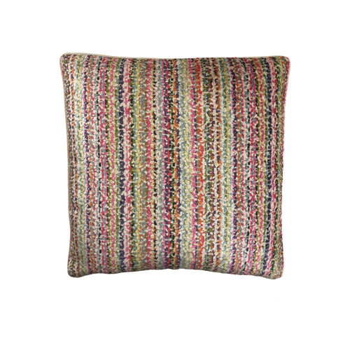 Cushion with multicolour vertical stripe boucle texture, piped edges, front-facing upright orientation