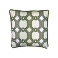 Cushion with green geometric trellis embroidery on white ground, green flange border, square format
