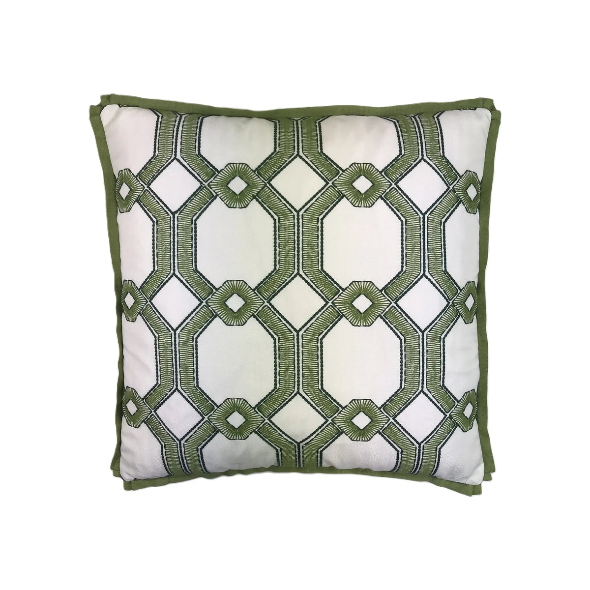 Cushion with green geometric trellis embroidery on white ground, green flange border, square format