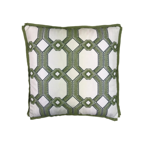 Cushion with green geometric trellis embroidery on white ground, green flange border, square format