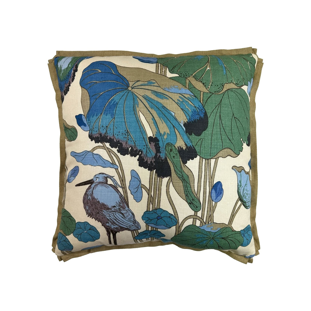 Cushion with botanical heron and lotus-leaf print in blue, green, and taupe tones with olive linen flange border, front-facing flat lay