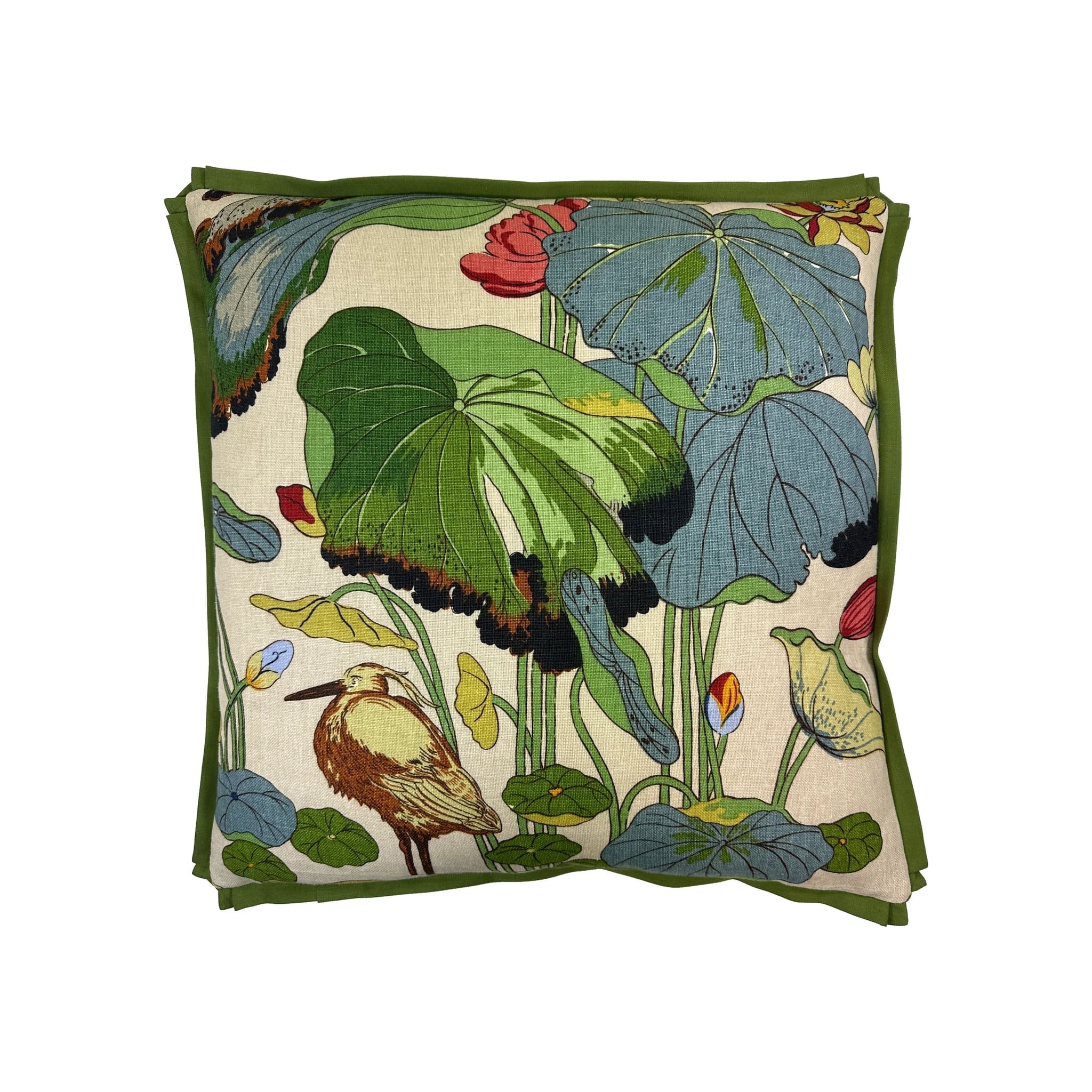 Cushion with botanical lotus leaf, heron bird, and floral print; green piped border on cream linen