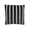 Cushion with navy blue and cream vertical ikat zigzag stripe pattern, front-facing flat lay