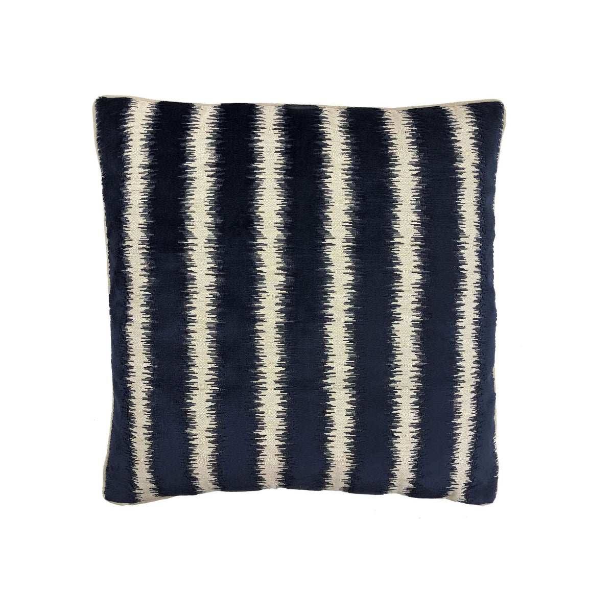 Cushion with navy blue and cream vertical ikat zigzag stripe pattern, front-facing flat lay
