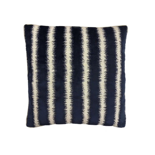 Cushion with navy blue and cream vertical ikat zigzag stripe pattern, front-facing flat lay