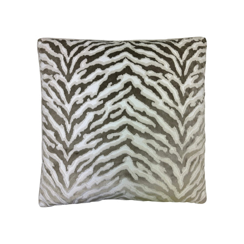Cushion in taupe and white zebra-stripe velvet fabric, square, front-facing