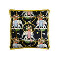Cushion, black velvet with elephant monkey floral print and gold bamboo lattice, mustard yellow ruffle trim, square format