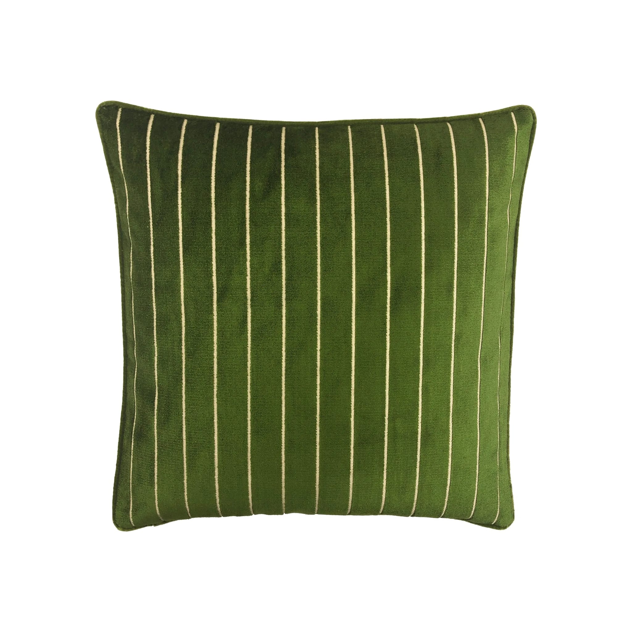Cushion in emerald green velvet with cream vertical pinstripes and piped edge