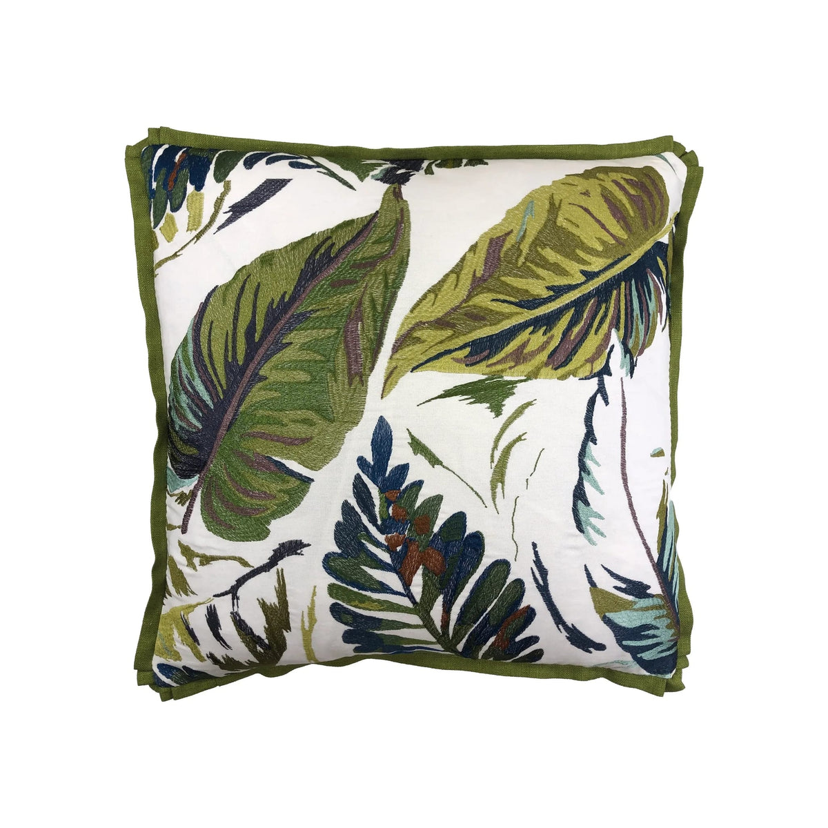 Cushion with embroidered tropical leaf pattern in green, navy, and white with green flange border