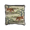 Cushion with embroidered tigers, pine trees, and hills on natural linen ground with black fringe trim