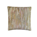 Cushion with vertical ikat-style stripe pattern in blush pink, gold, and taupe on neutral ground