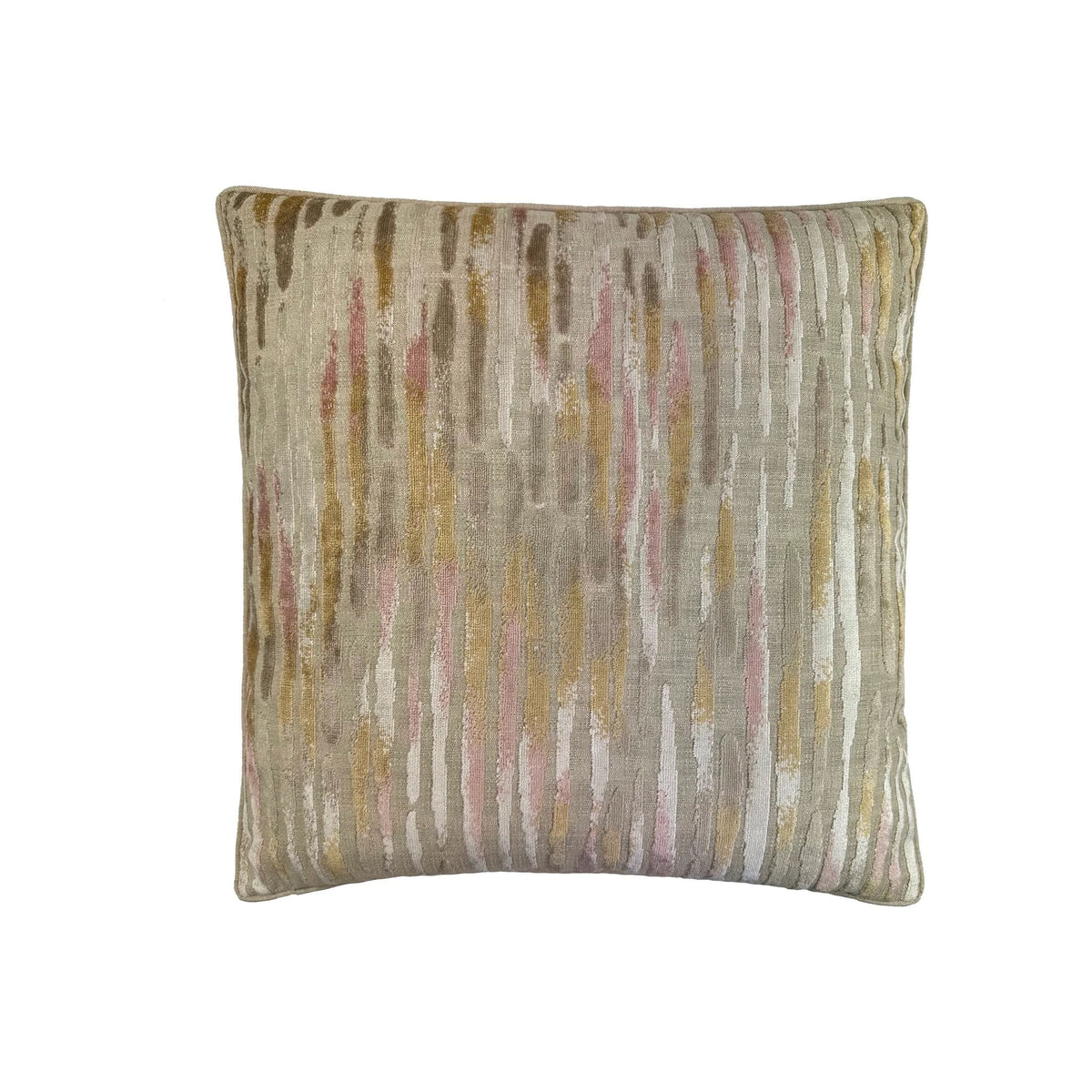 Cushion with vertical ikat-style stripe pattern in blush pink, gold, and taupe on neutral ground