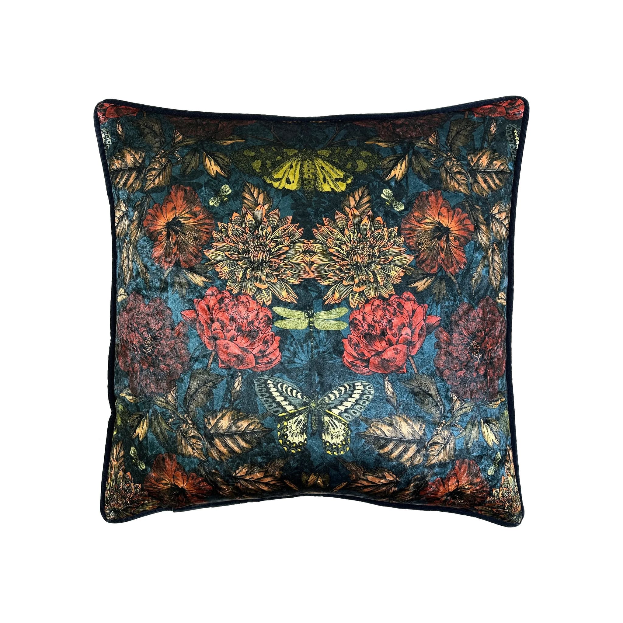 Cushion with dark teal velvet ground and botanical floral butterfly print, navy piped border, front-facing square orientation