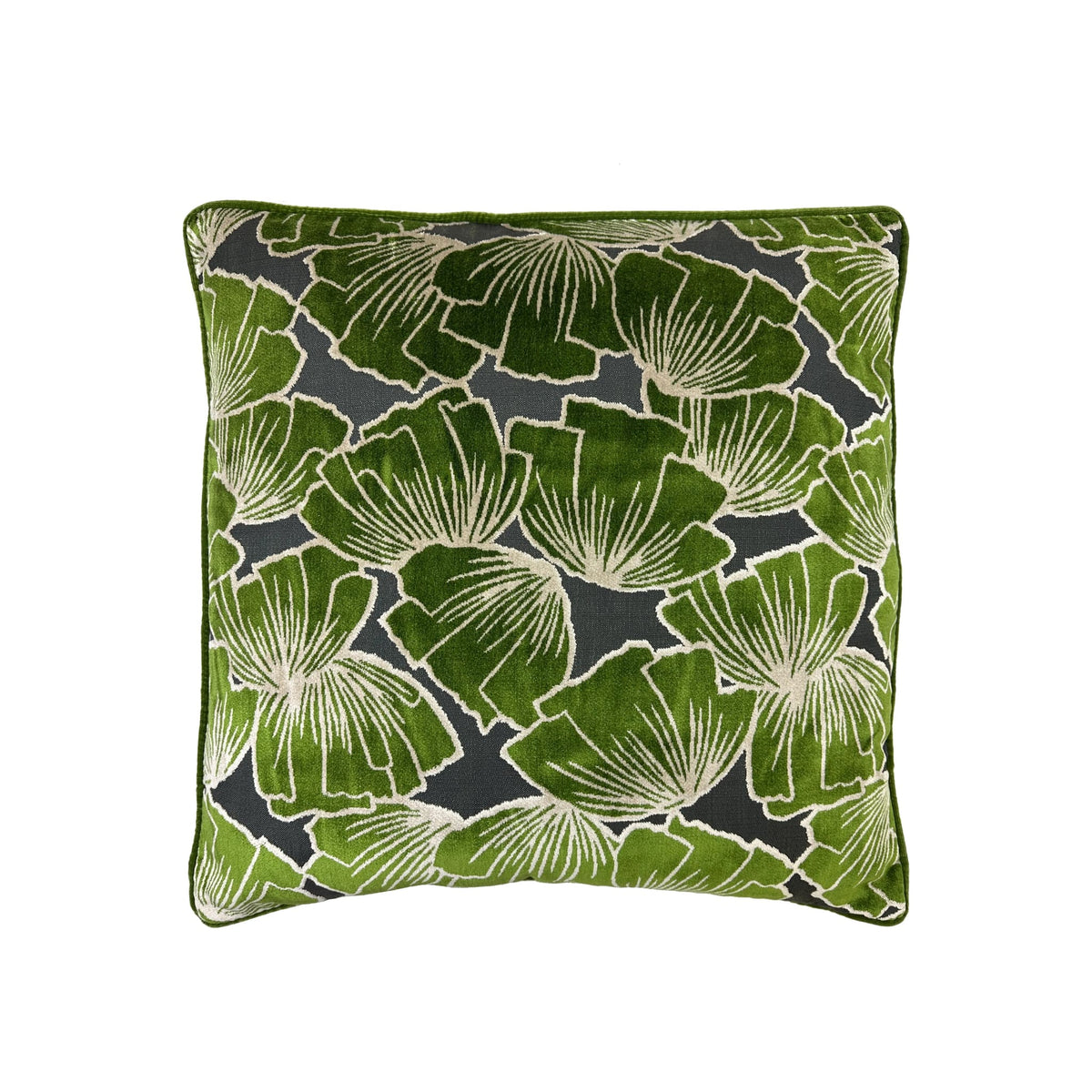 Cushion with green botanical leaf print on dark charcoal ground, green piped border, square format