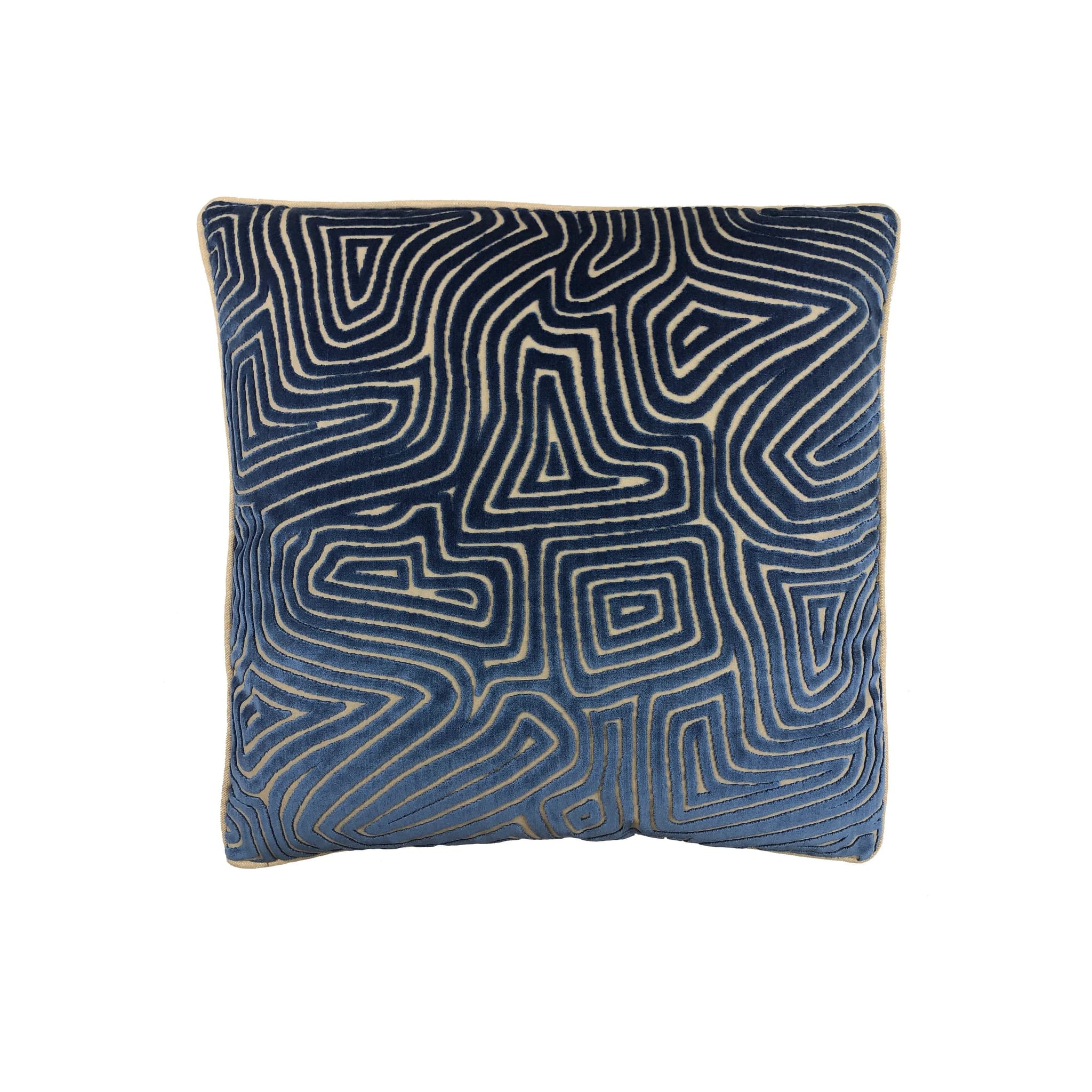 Cushion with navy blue velvet cut maze-pattern on cream ground, square, piped edge