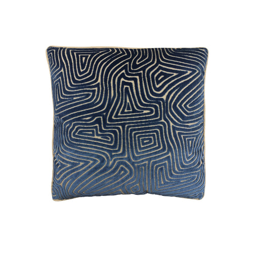 Cushion with navy blue velvet cut maze-pattern on cream ground, square, piped edge