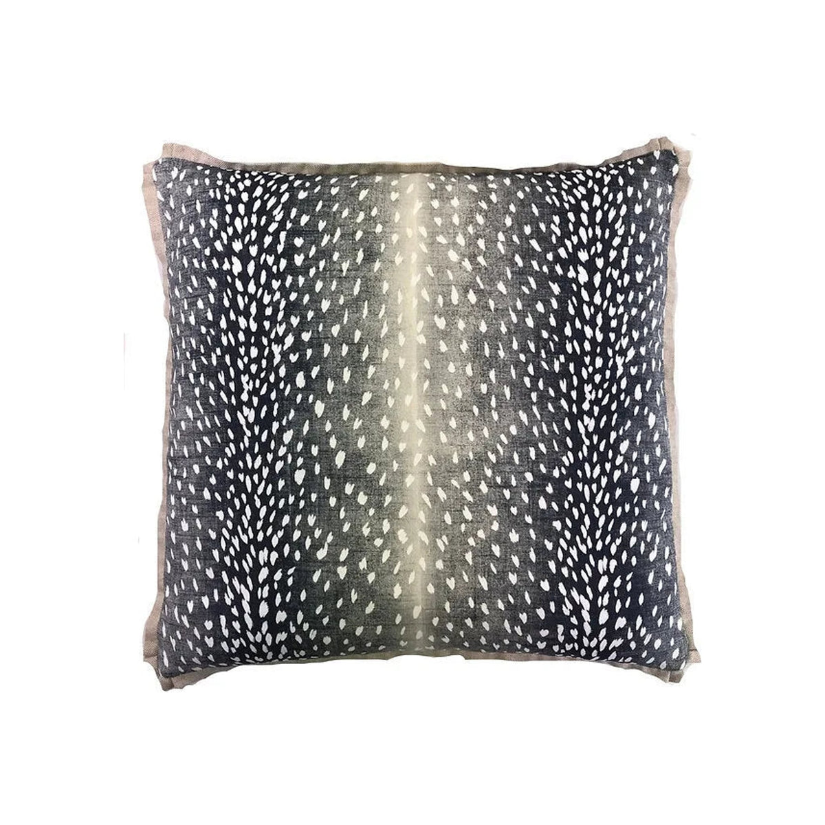 Throw pillow, navy and white deer-spot print, square with fringe trim, flat lay