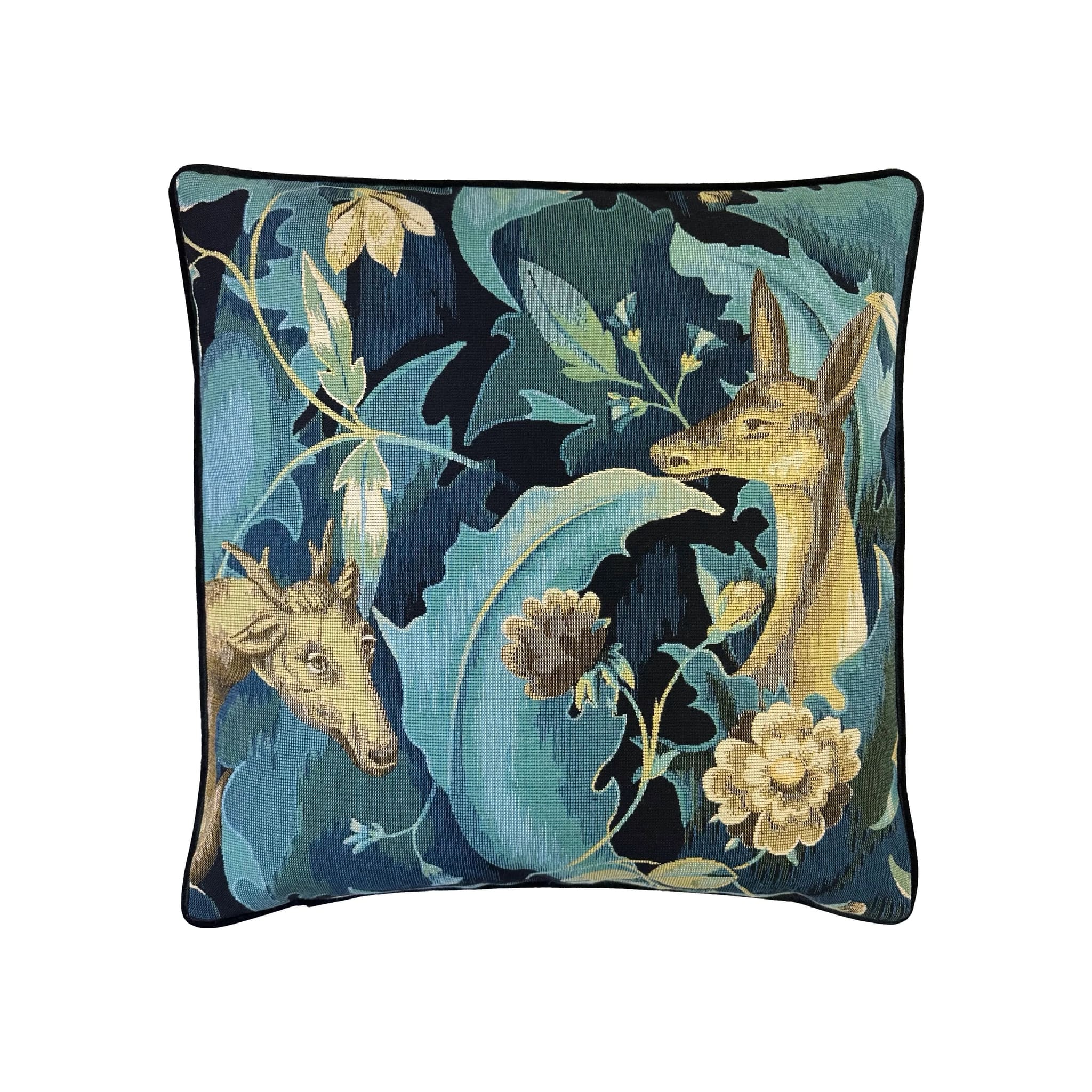 Cushion with teal and navy tapestry print featuring deer and floral motifs, black piped border, square format