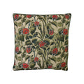Cushion with red ladybird and green botanical leaf tapestry print, dark green piped border, square format, front view