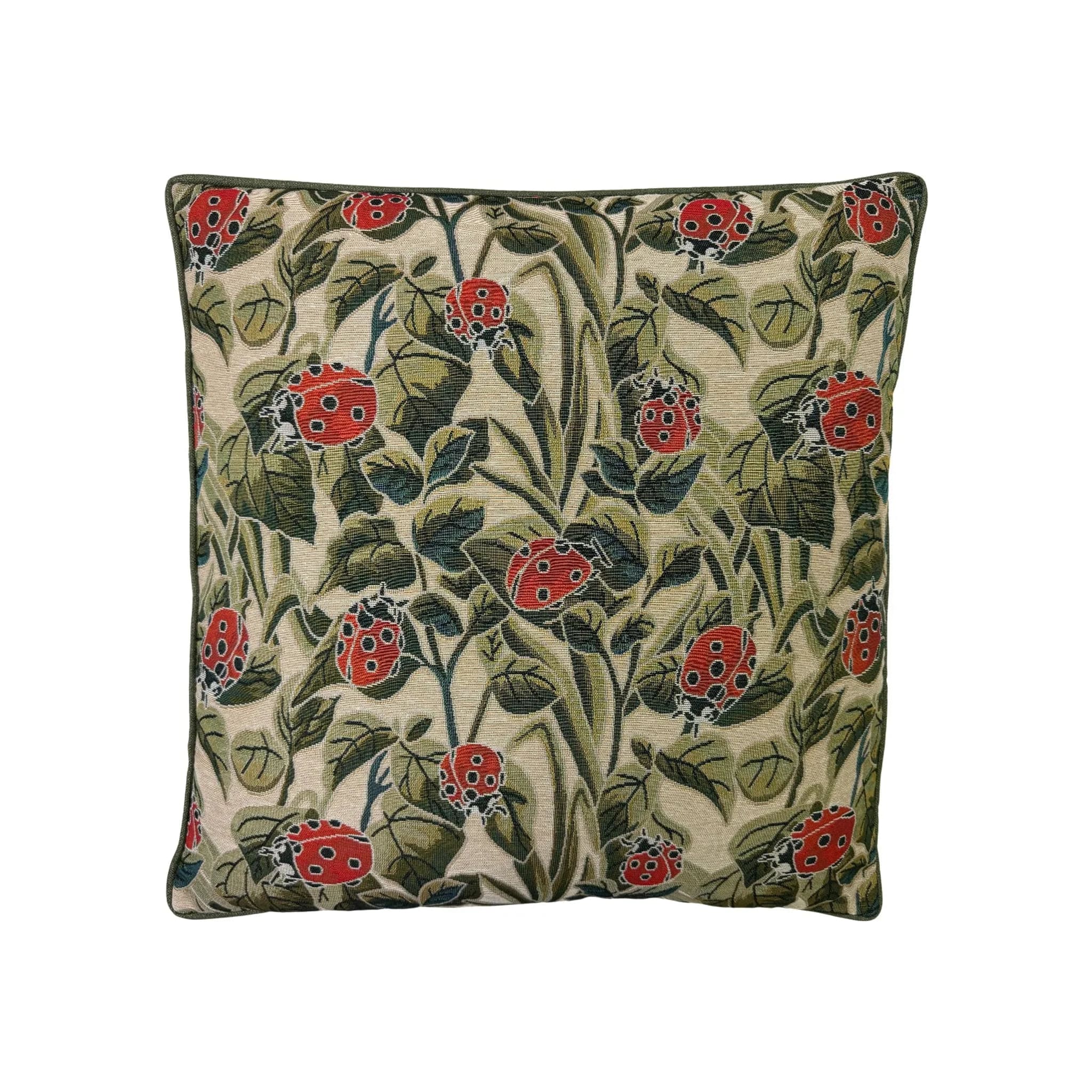 Cushion with red ladybird and green botanical leaf tapestry print, dark green piped border, square format, front view