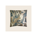 Cushion with abstract marbled print in teal, gold, brown, and cream tones, square format, front-facing