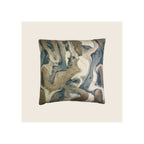 Cushion with abstract marbled print in teal, gold, brown, and cream tones, square format, front-facing