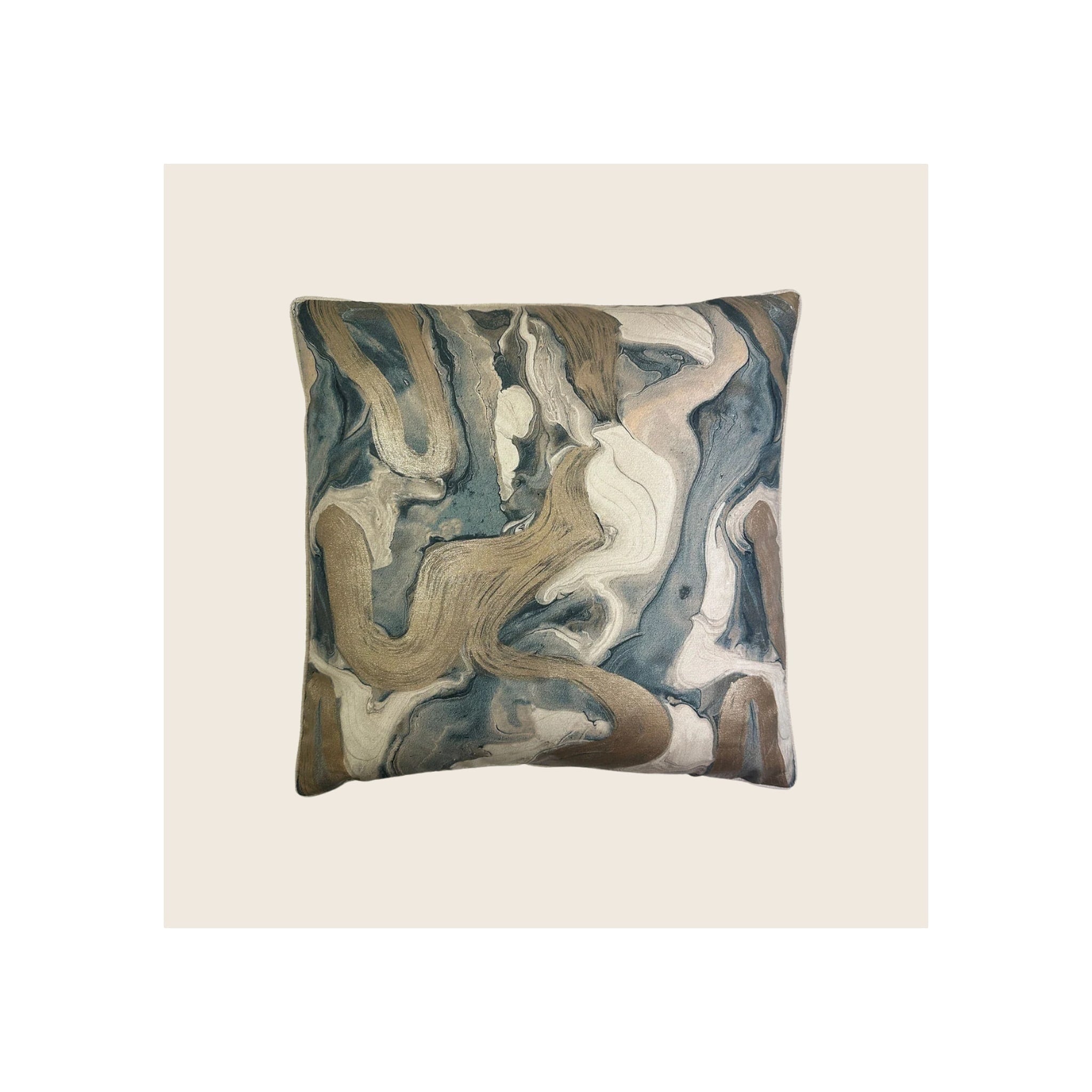 Cushion with abstract marbled print in teal, gold, brown, and cream tones, square format, front-facing