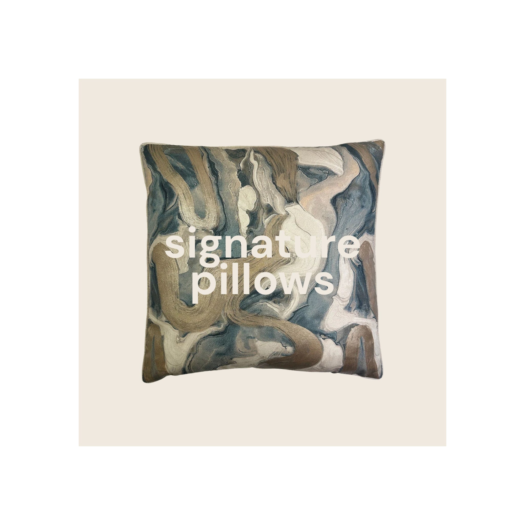 Throw pillow with abstract marble swirl print in teal, gold, brown, and cream tones, front view