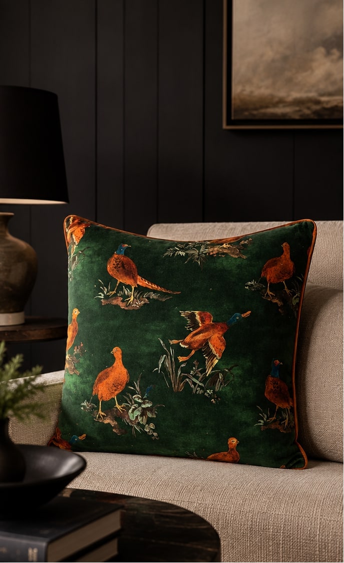 Cushion, dark emerald green velvet with orange pheasant and duck print, orange piped trim, styled on beige sofa