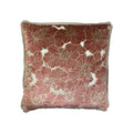 Cushion with all-over red floral jacquard pattern and natural linen border trim, front view