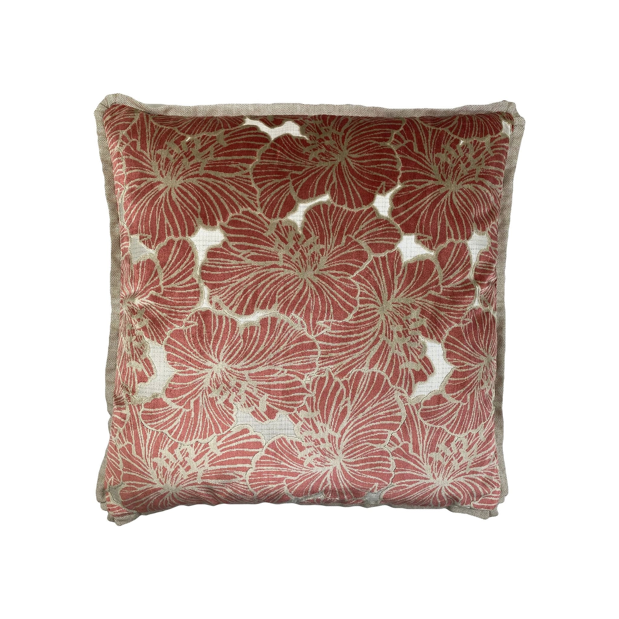 Cushion with all-over red floral jacquard pattern and natural linen border trim, front view