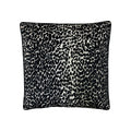 Cushion in black and white leopard-print woven fabric with black piped border, front-facing flat lay