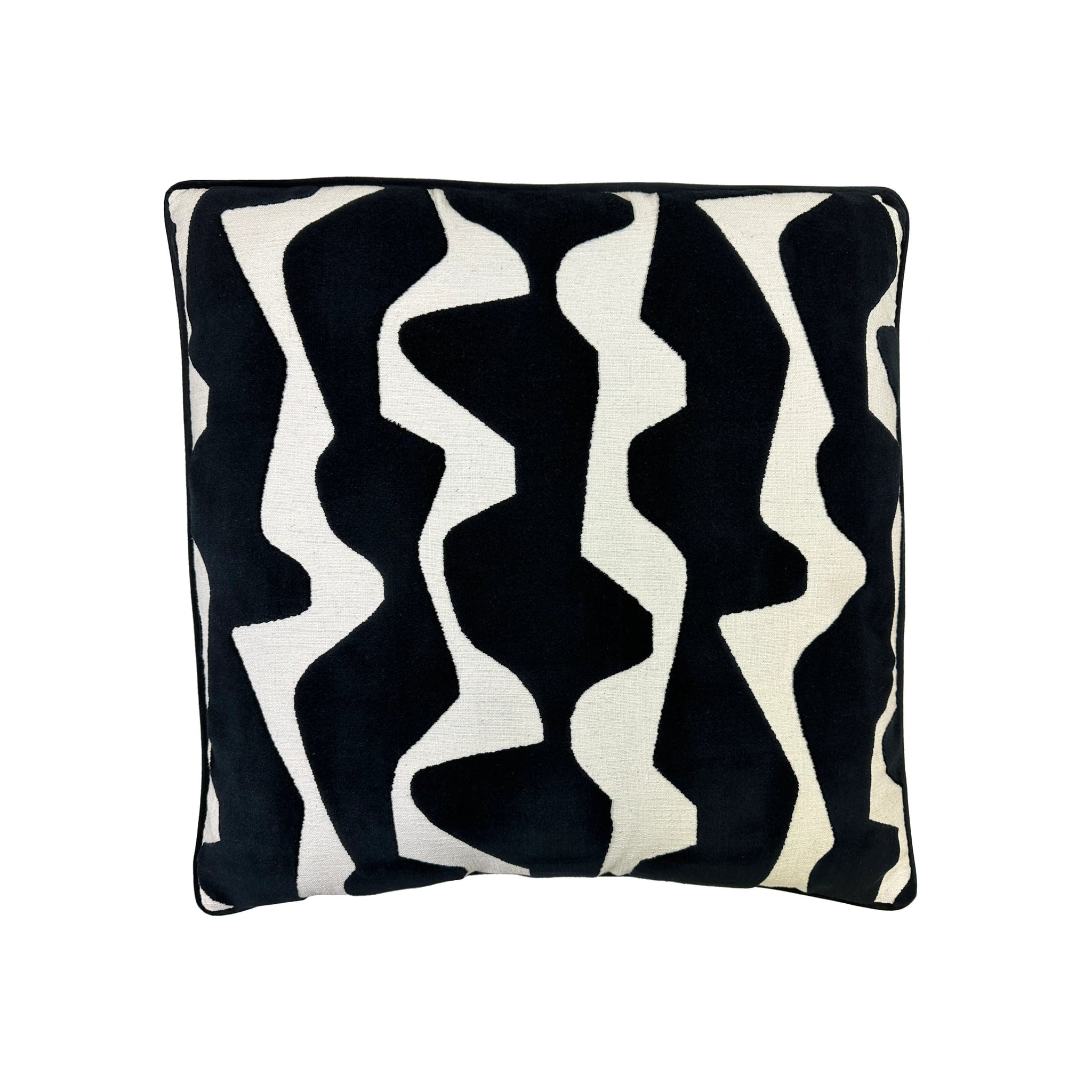 Cushion with bold black and cream wavy vertical stripe pattern, black piping trim, square format