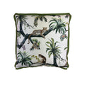 Cushion with jungle print featuring leopard, monkey, tropical palms, green flanged border