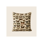 Throw pillow, cream linen fabric, all-over vintage botanical butterfly and moth print, front-facing square