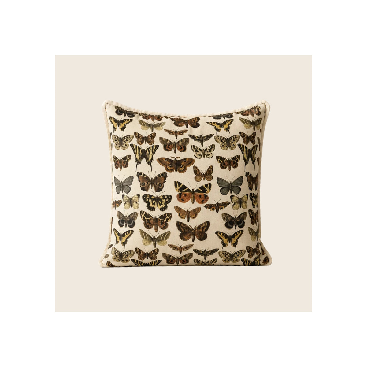 Throw pillow, cream linen fabric, all-over vintage botanical butterfly and moth print, front-facing square