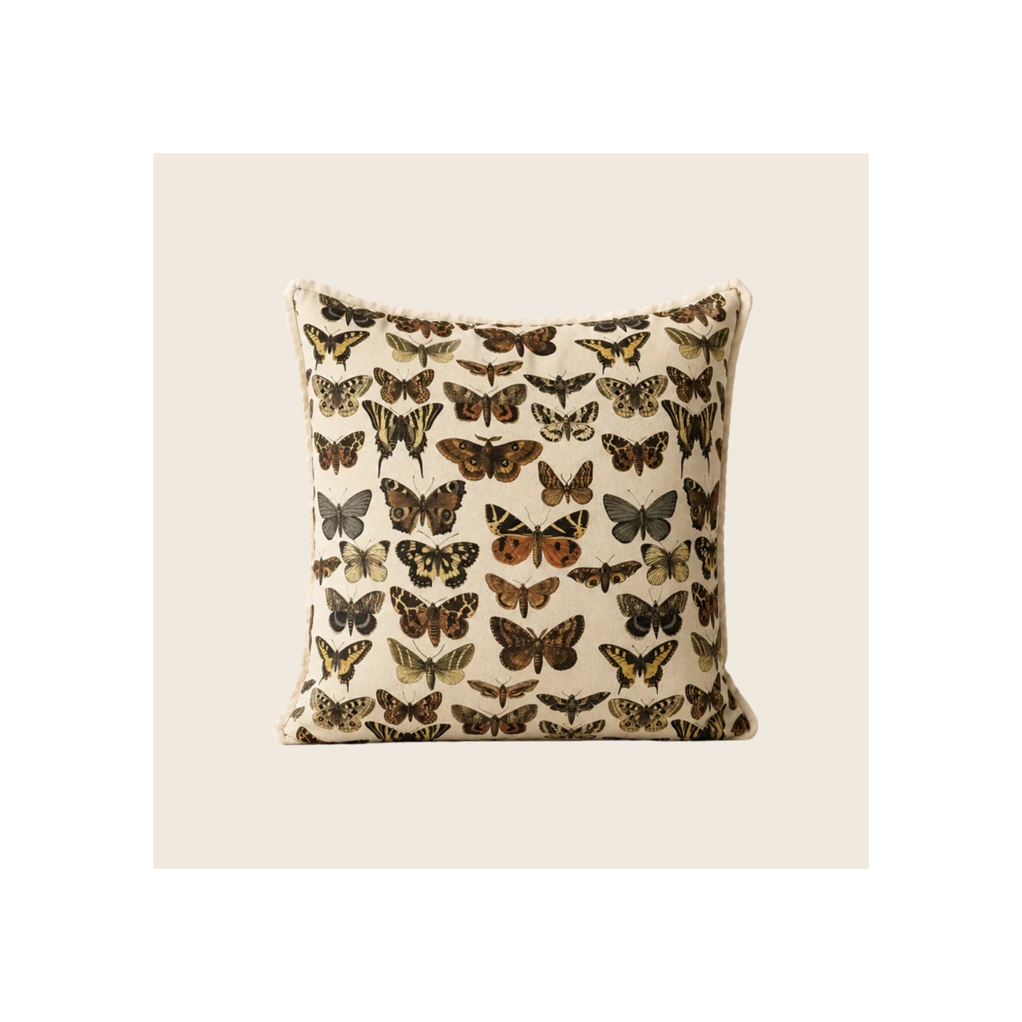 Throw pillow, cream linen fabric, all-over vintage botanical butterfly and moth print, front-facing square